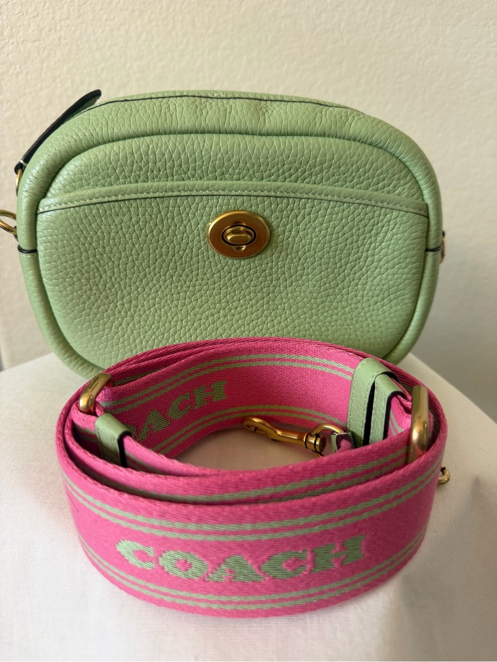 Coach Light Green Pebbled Leather Crossbody with Pink Logo Web Strap